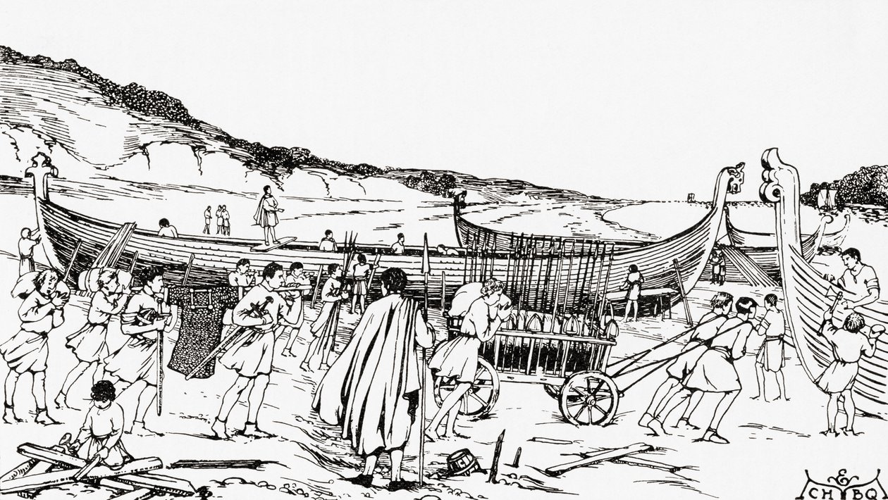 Bouw van de schepen voor de Normandische invasie van Engeland door Willem de Veroveraar door English School