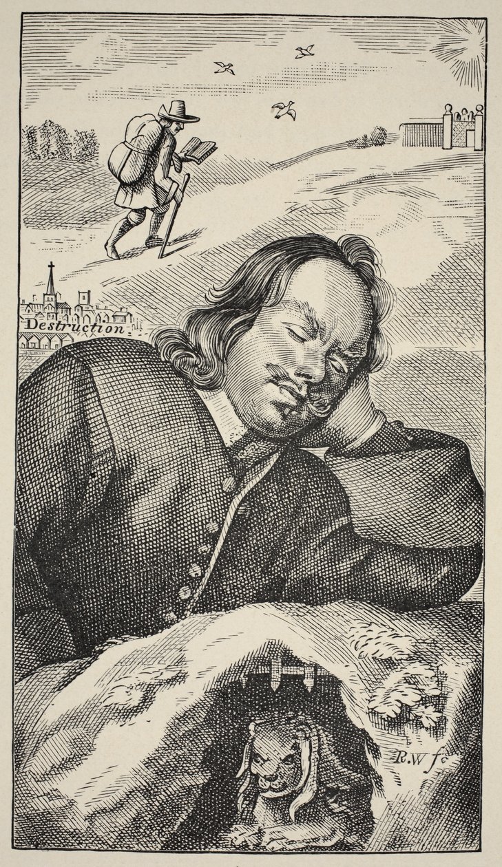 Bunyans droom, frontispice van The Pilgrims Progress door John Bunyan (1628-88), 4e editie, uitgegeven 1680 door English School