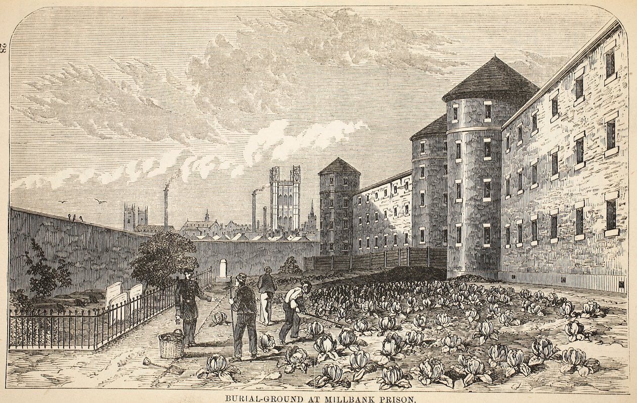 Begraafplaats in Millbank Prison, illustratie uit The Criminal Prisons of London and Scenes from Prison Life door Henry Mayhew en John Binny, uitgegeven in 1862 door English School