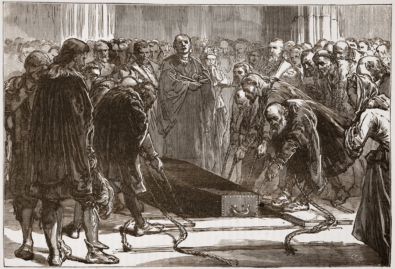 Begrafenis van Luther in de Schloss-Kerk, Wittenberg, illustratie uit De Geschiedenis van het Protestantisme door James Aitken Wylie, gepubliceerd in 1878 door English School