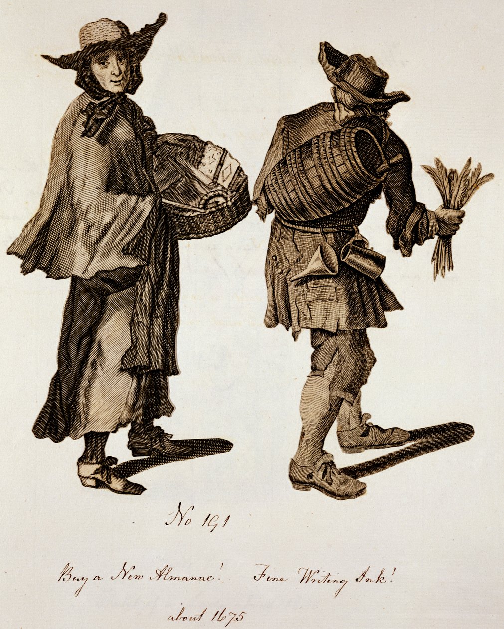 Koop een nieuwe almanak! Fijne schrijfin inkt!, illustratie van straatverkopers rond 1675 door English School