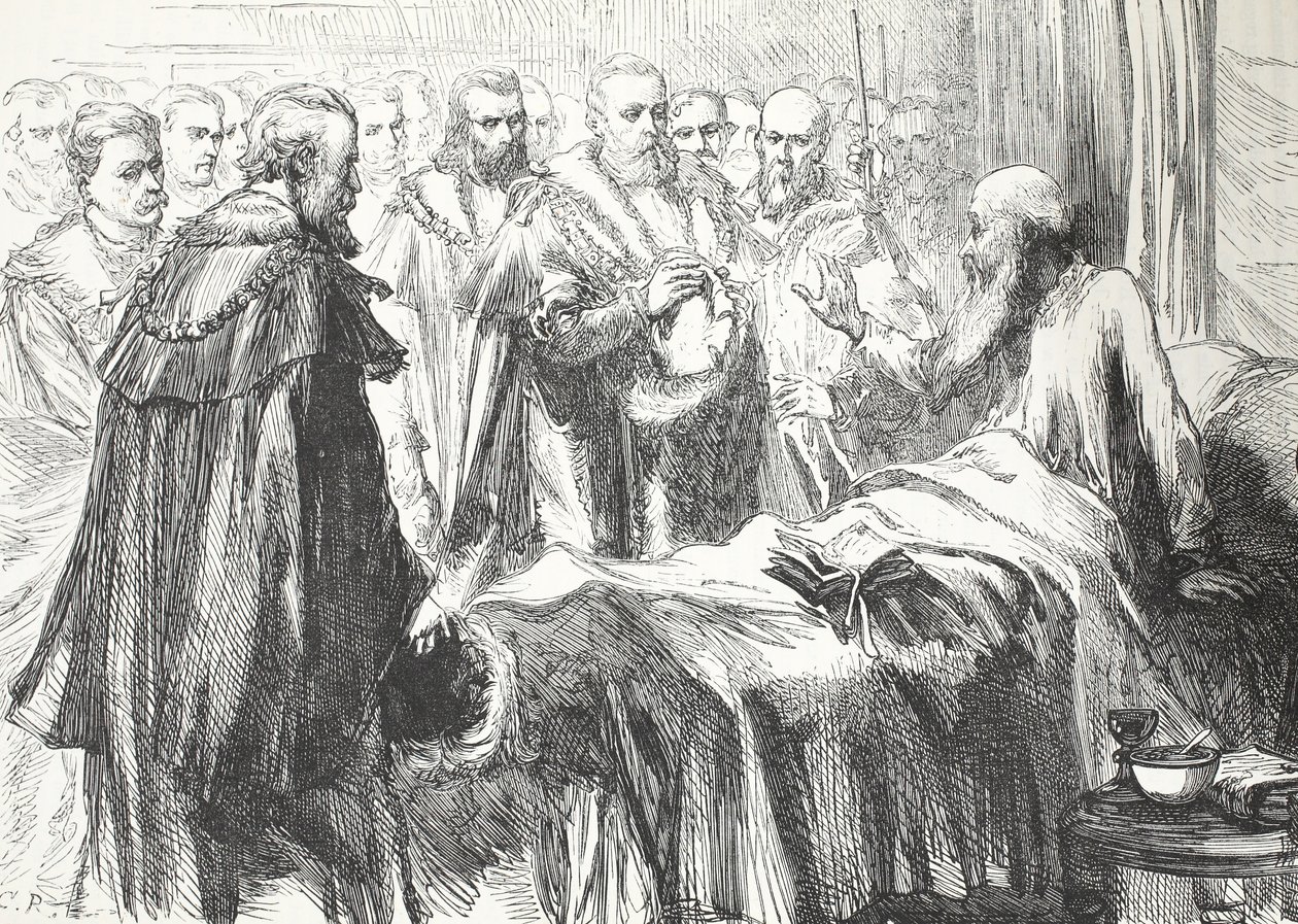 Calvijn spreekt de Raad voor de laatste keer toe, illustratie uit De Geschiedenis van het Protestantisme door James Aitken Wylie, gepubliceerd in 1878 door English School