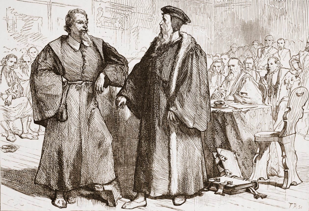 Calvijn en Servet voor de Raad van Genève, illustratie uit De Geschiedenis van het Protestantisme door James Aitken Wylie, gepubliceerd in 1878 door English School