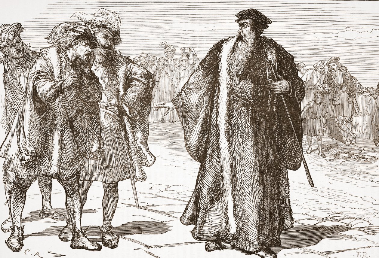 Calvijn beledigd door de Libertijnen op de Rhônebrug, illustratie uit De Geschiedenis van het Protestantisme door James Aitken Wylie, gepubliceerd in 1878 door English School