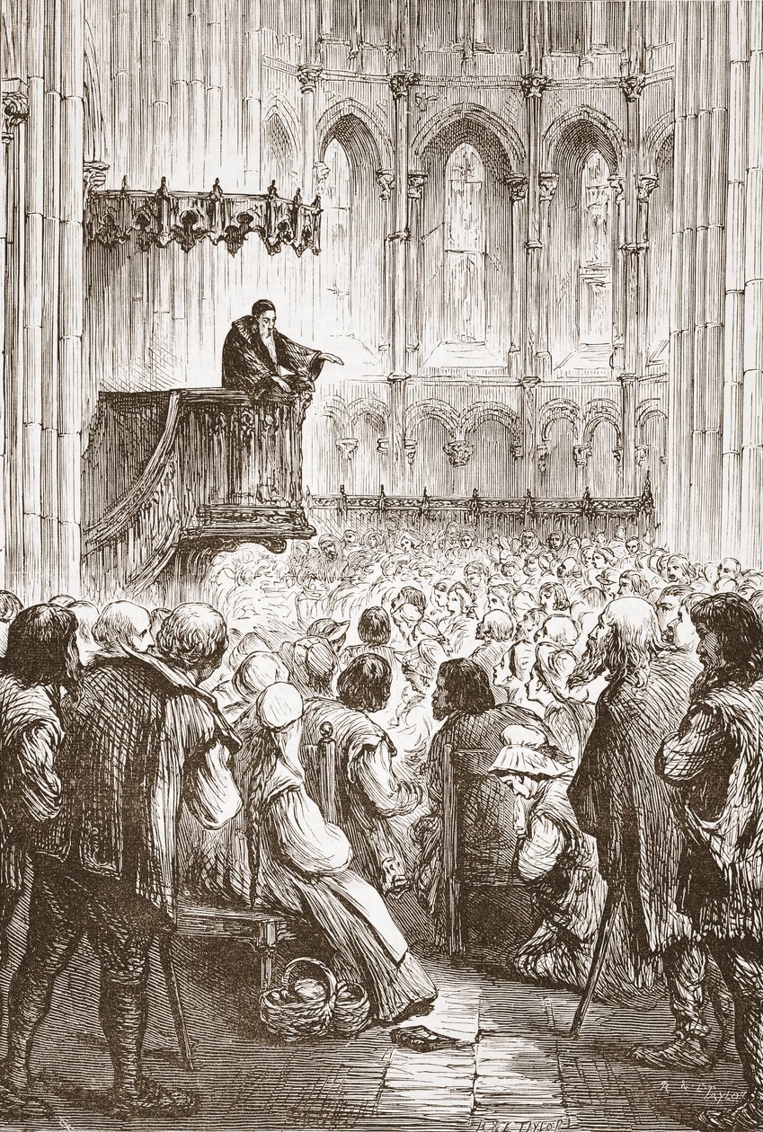 Calvijn predikt zijn afscheidsrede in afwachting van verbanning, illustratie uit De Geschiedenis van het Protestantisme door James Aitken Wylie, gepubliceerd in 1878 door English School