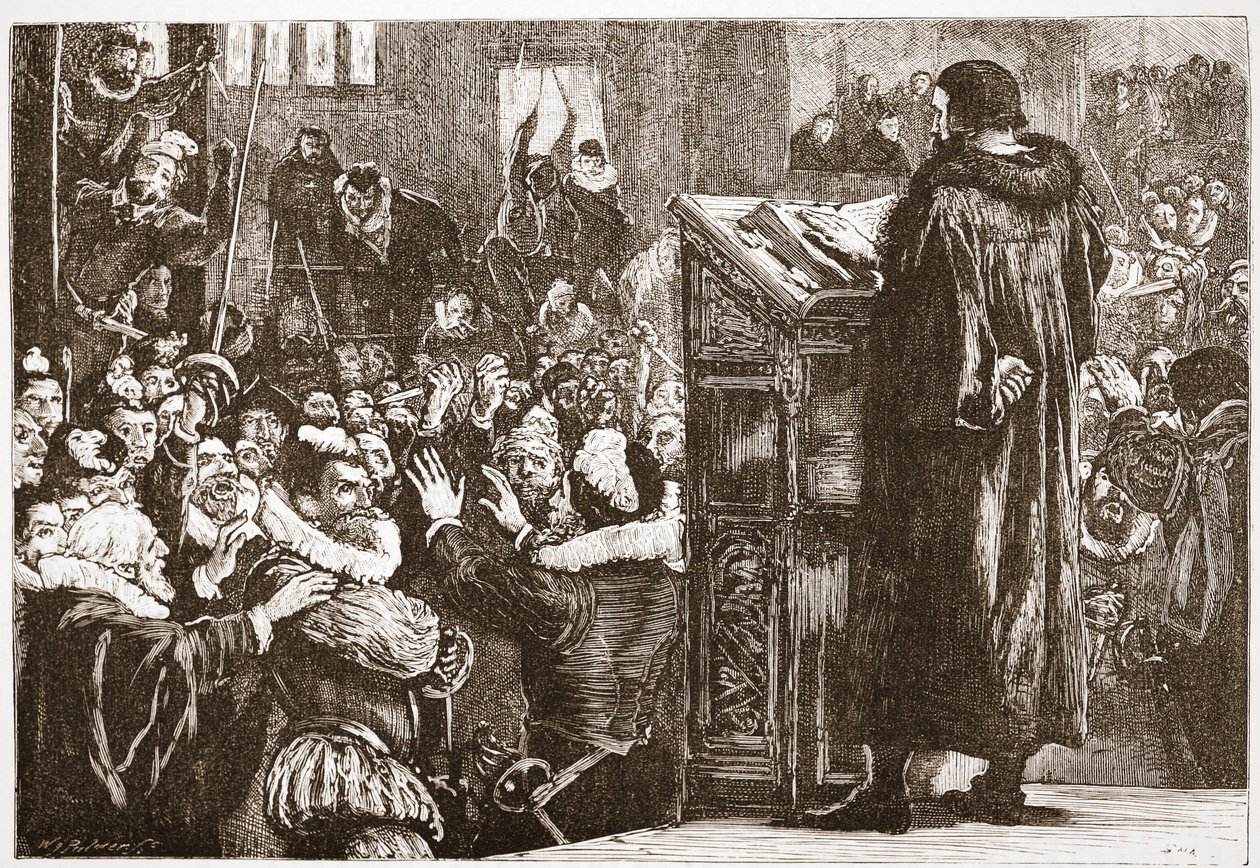 Calvijn bedreigd in de kerk van Rive, illustratie uit De Geschiedenis van het Protestantisme door James Aitken Wylie, gepubliceerd in 1878 door English School