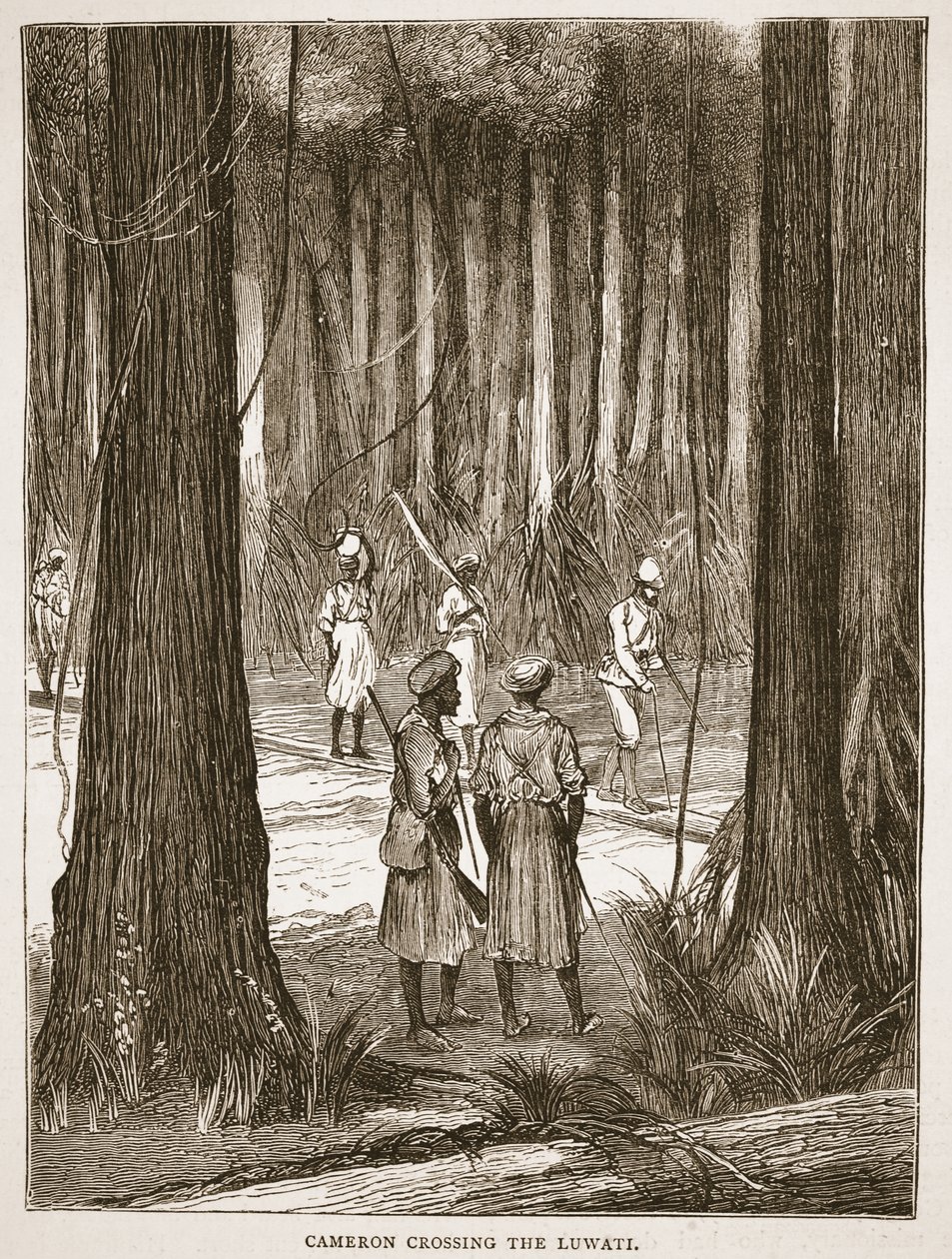 Cameron steekt de Luwati over, illustratie uit The Pictorial Edition of the Life and Discoveries of David Livingstone door J. Ewing Richie, uitgegeven door A. Fullarton & Co., 1876 door English School