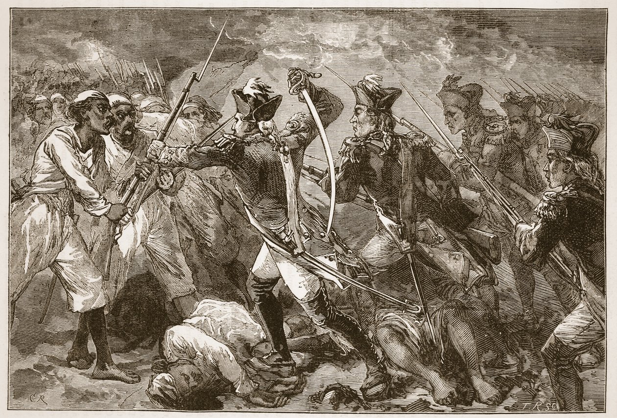 Kapitein Yorke leidt de wanhopige aanval bij Masulipatam, illustratie uit Cassells Geïllustreerde Geschiedenis van India door James Grant, uitgegeven 1879 door English School