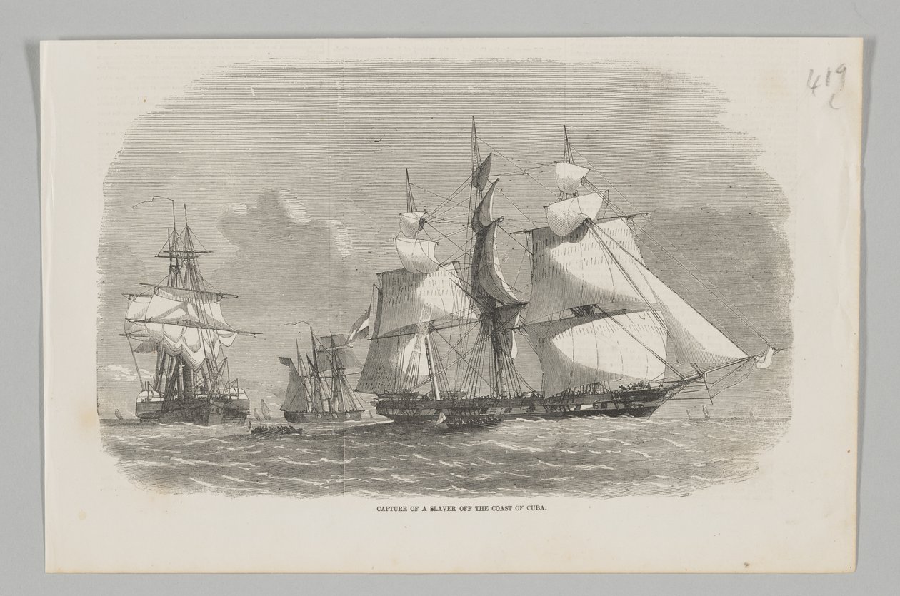 Gevangenneming van een slavenhandelaar voor de kust van Cuba (inkt op papier) door English School