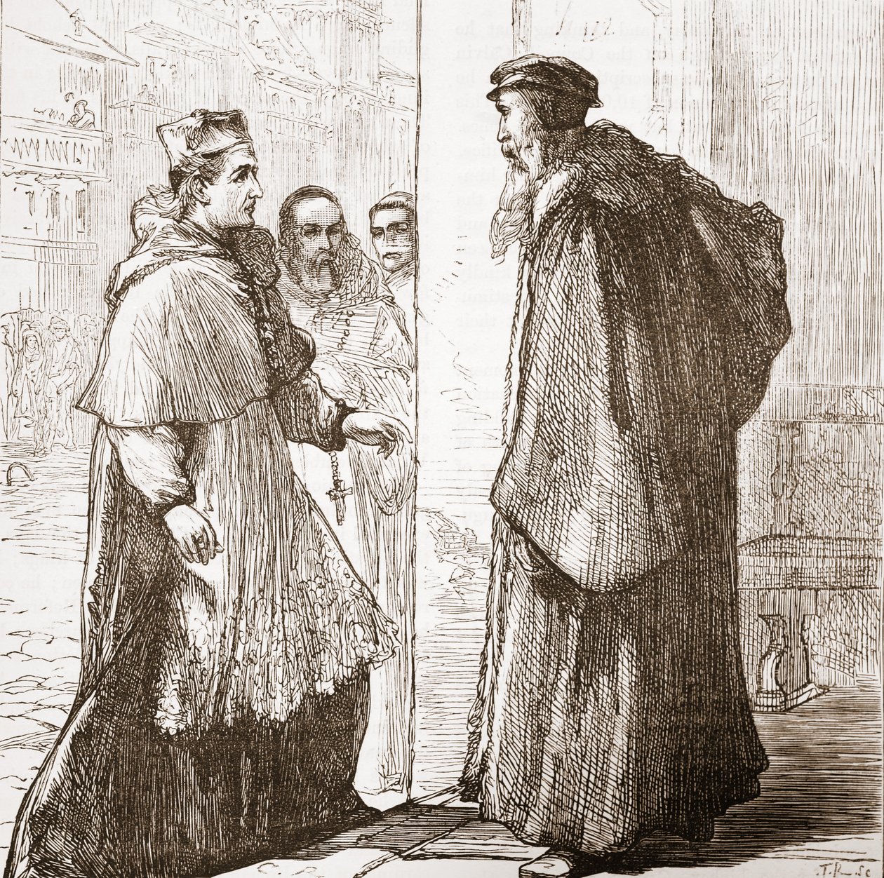 Kardinaal Sadoleto bezoekt Calvijn, illustratie uit De Geschiedenis van het Protestantisme door James Aitken Wylie, gepubliceerd in 1878 door English School