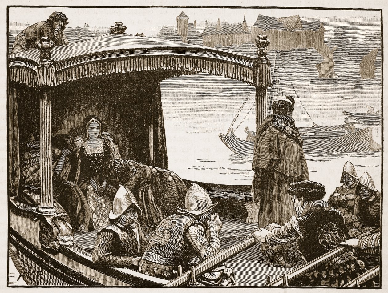 Catherine Howard wordt naar de Tower gebracht, illustratie uit Cassells Geïllustreerde Geschiedenis van Engeland door English School