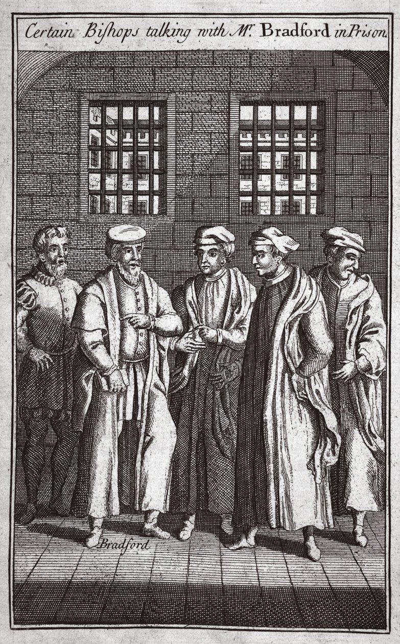 Bepaalde bisschoppen praten met meneer Bradford in de gevangenis, illustratie uit Foxes Martelaren ca. 1703 door English School