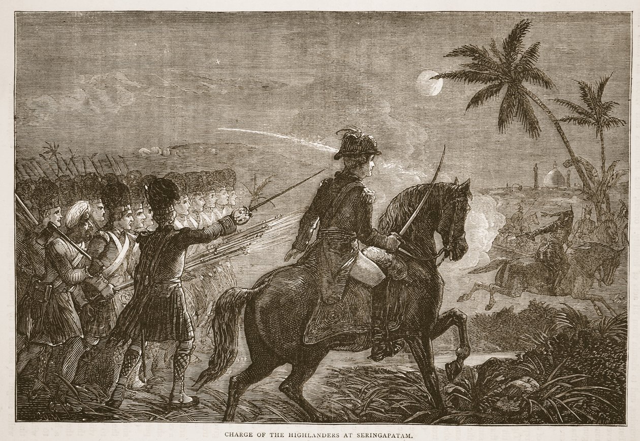 Aanval van de Hooglanders bij Seringapatam, illustratie uit Cassells Geïllustreerde Geschiedenis van India door James Grant, uitgegeven 1879 door English School