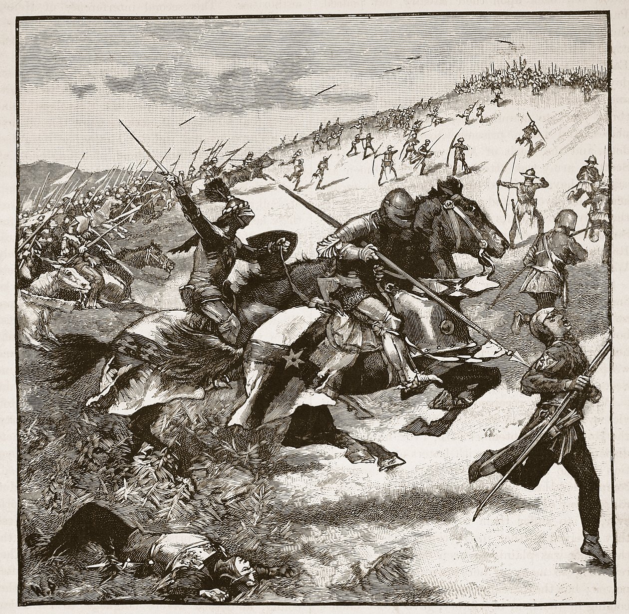 Aanval van de Schotten bij Homildon Hill, illustratie uit Cassells Geïllustreerde Geschiedenis van Engeland door English School