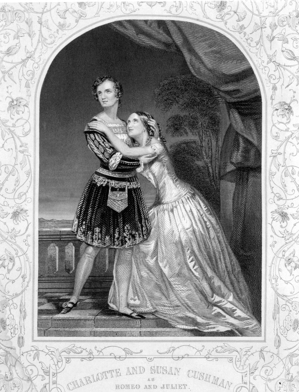 Charlotte en Susan Cushman als Romeo en Julia, Act III Scene 5 van Romeo en Julia, van een daguerreotype, uitgegeven door John Tallis & Co. door English School