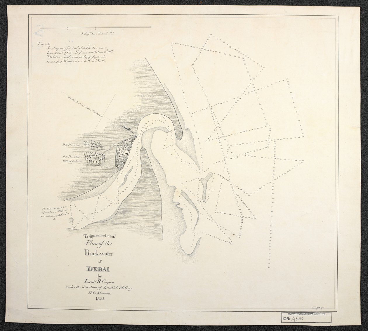 Kaart van Dubai in 1822 door mariene landmeters van de Engelse Oost-Indische Compagnie, getiteld Trigonometrisch Plan van de Achterwater van Debai door luitenant R. Cogan onder leiding van luitenant J. M. Guy, H. C. Marine door English School
