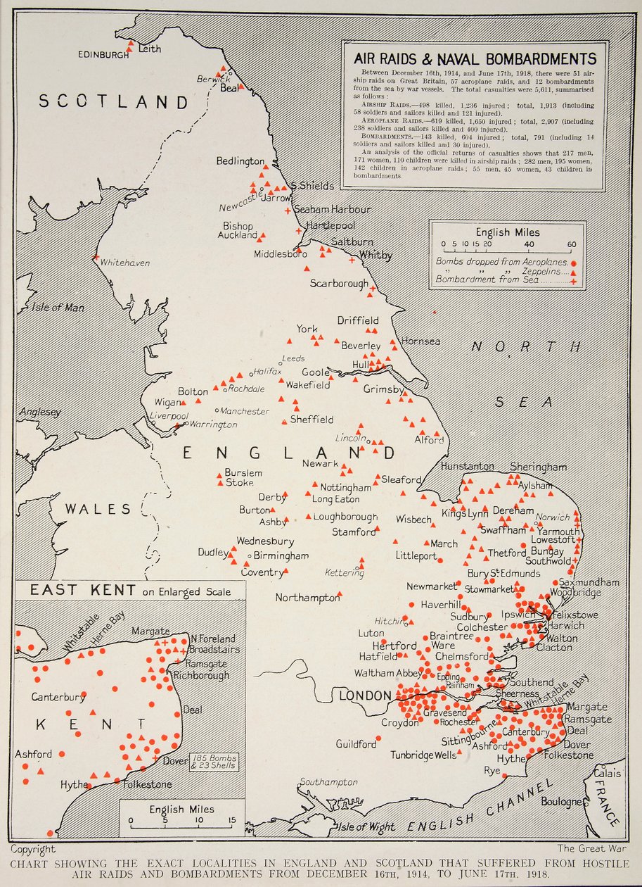 Kaart die de exacte locaties in Engeland en Schotland toont die leden onder vijandelijke luchtaanvallen en bombardementen van 16 december 1914 tot 17 juni 1918 door English School