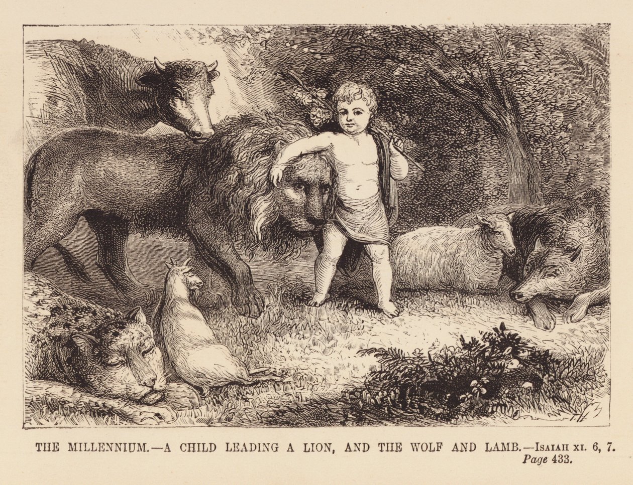 Kind leidt een leeuw en de wolf en het lam (gravure) door English School