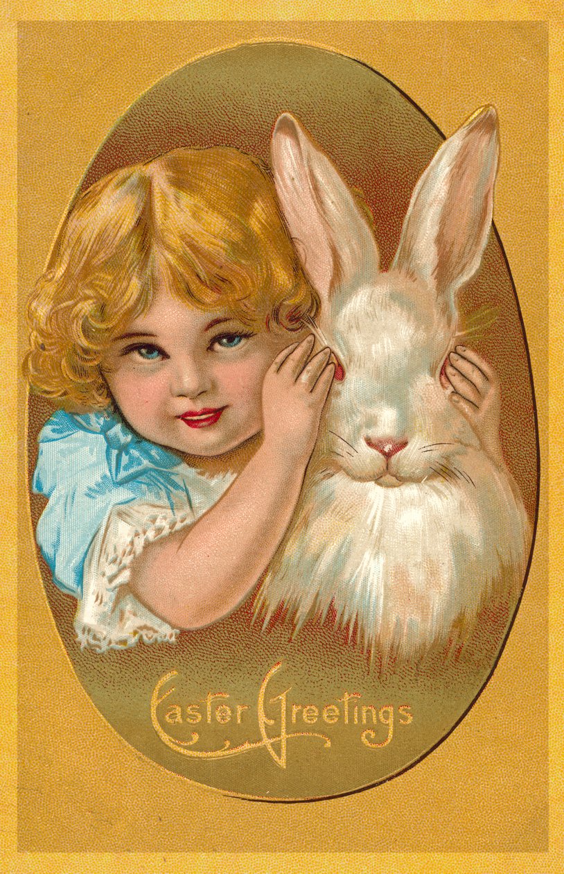 Kind met konijn (kleurenlitho) door English School