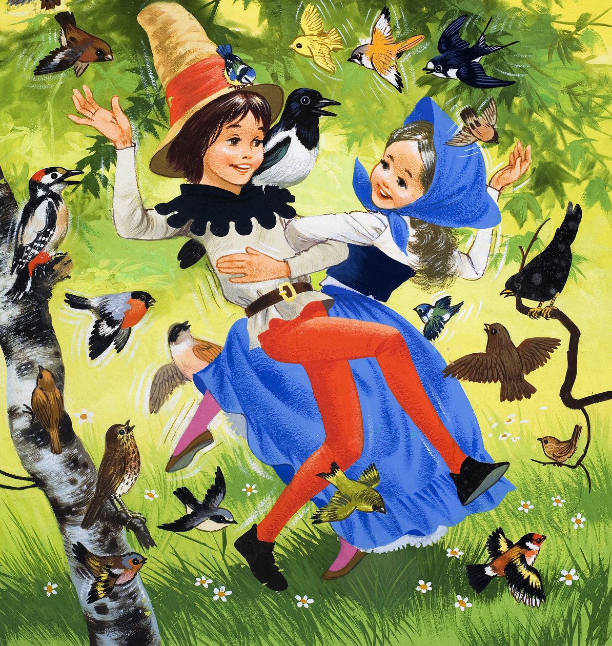 Dansende kinderen in het bos (gouache op papier) door English School