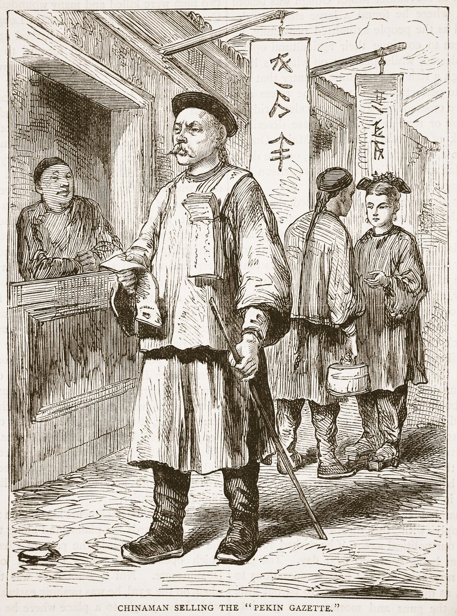 Chinees verkoopt de Pekin Gazette, illustratie uit Cassells Geïllustreerde Geschiedenis van Engeland door English School