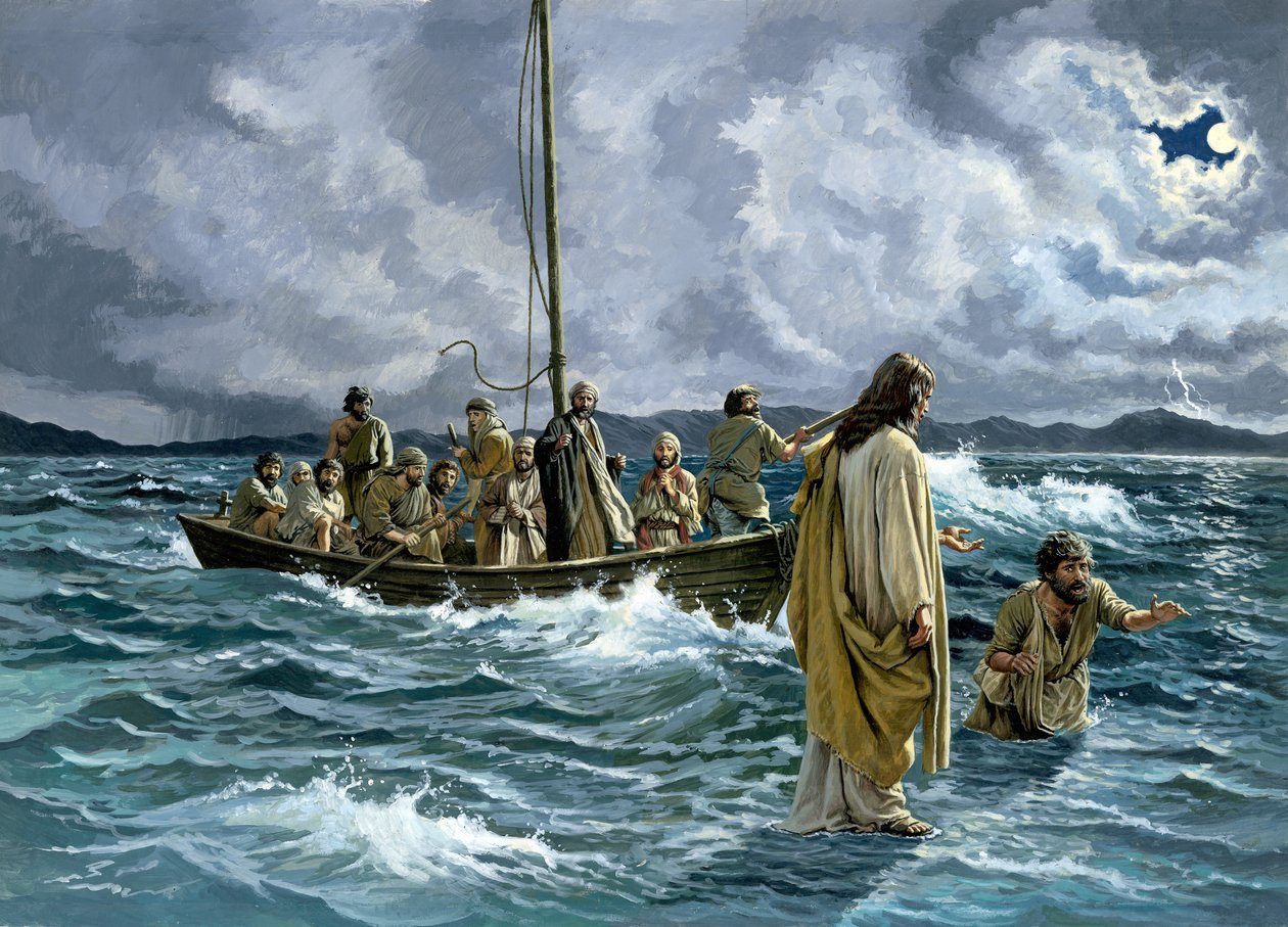 Christus wandelend op het Meer van Galilea (gouache op papier) door English School