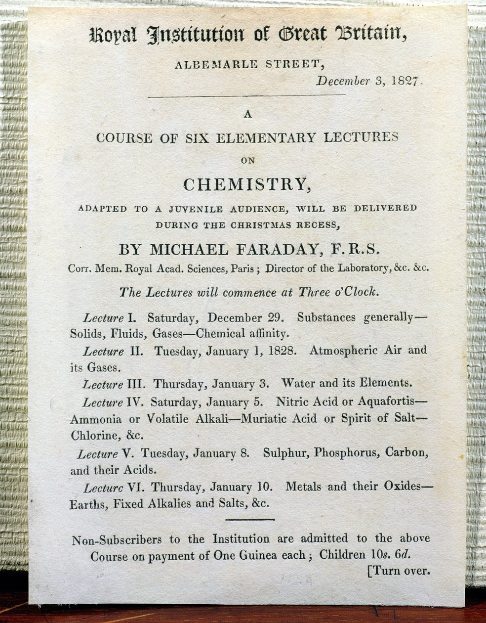 Kersthandbill voor Zes Elementaire Lezingen over Chemie door Michael Faraday (1778-1829) 3 december 1827 door English School