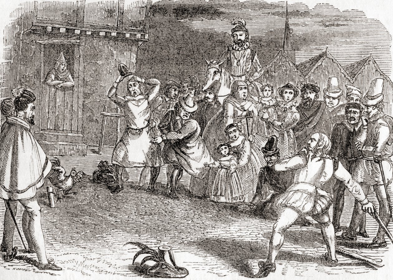Cock throwing, ook bekend als cock-shying of throwing at cocks, uit Old England: A Pictorial Museum, pub. 1847 door English School