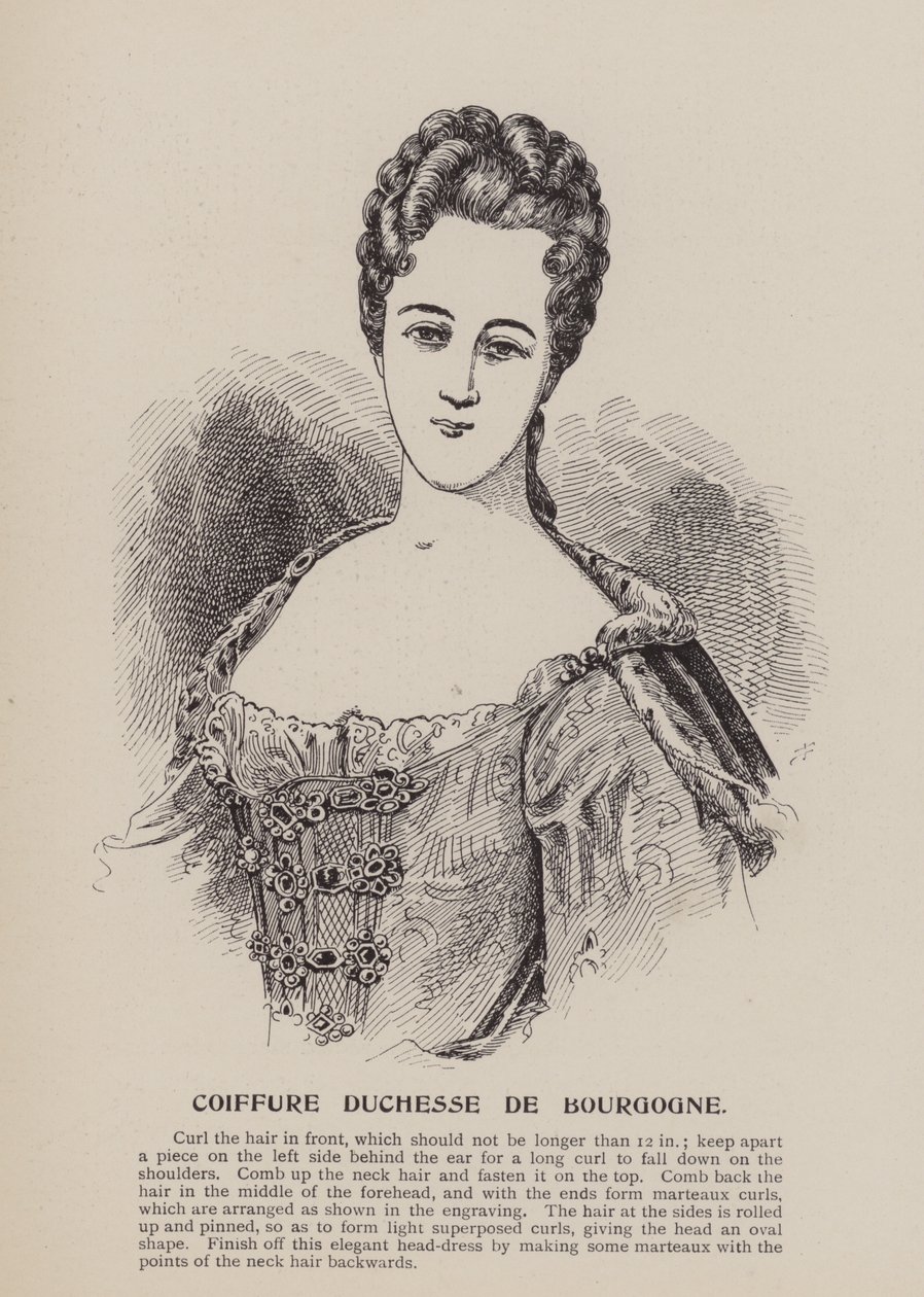 Hertogin van Bourgondië kapsel (gravure) door English School