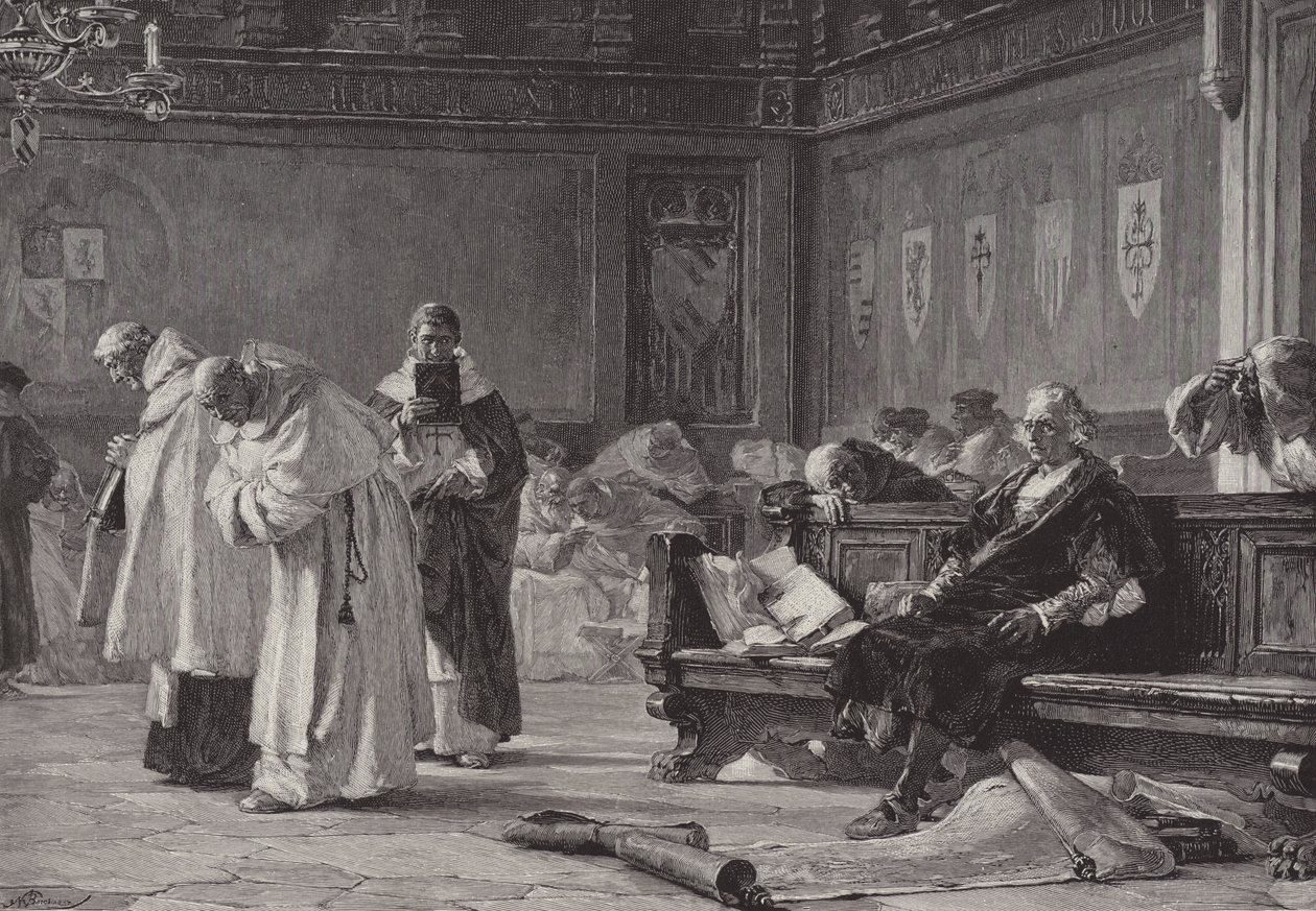 Columbus voor de Raad van Salamanca (gravure) door English School