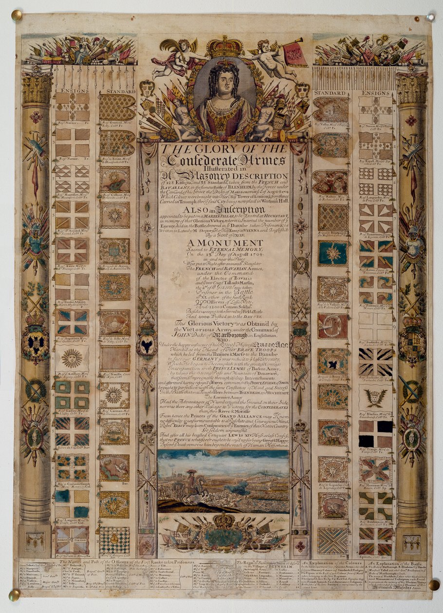 Herdenkingskaart met standaarden veroverd van de Fransen na de Slag bij Blenheim, ca. 1704 door English School