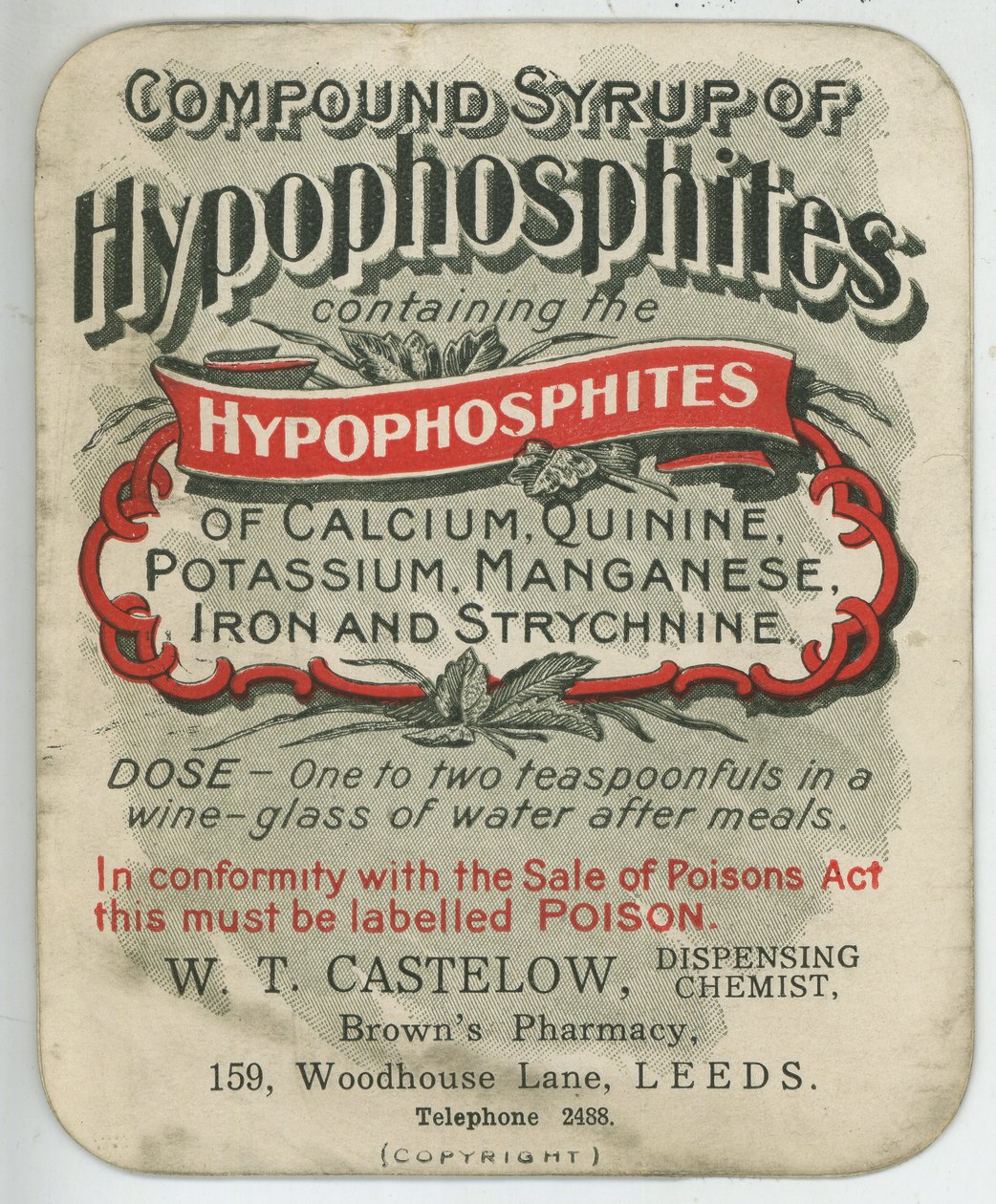 Etiket van Compound Syrup of Hypophosphites, begin 20e eeuw door English School