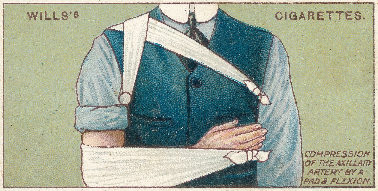 Compressie van de okselarterie door een pad en flexie, nr.41 uit de Eerste Hulp-serie van Willss Cigarettes kaarten door English School