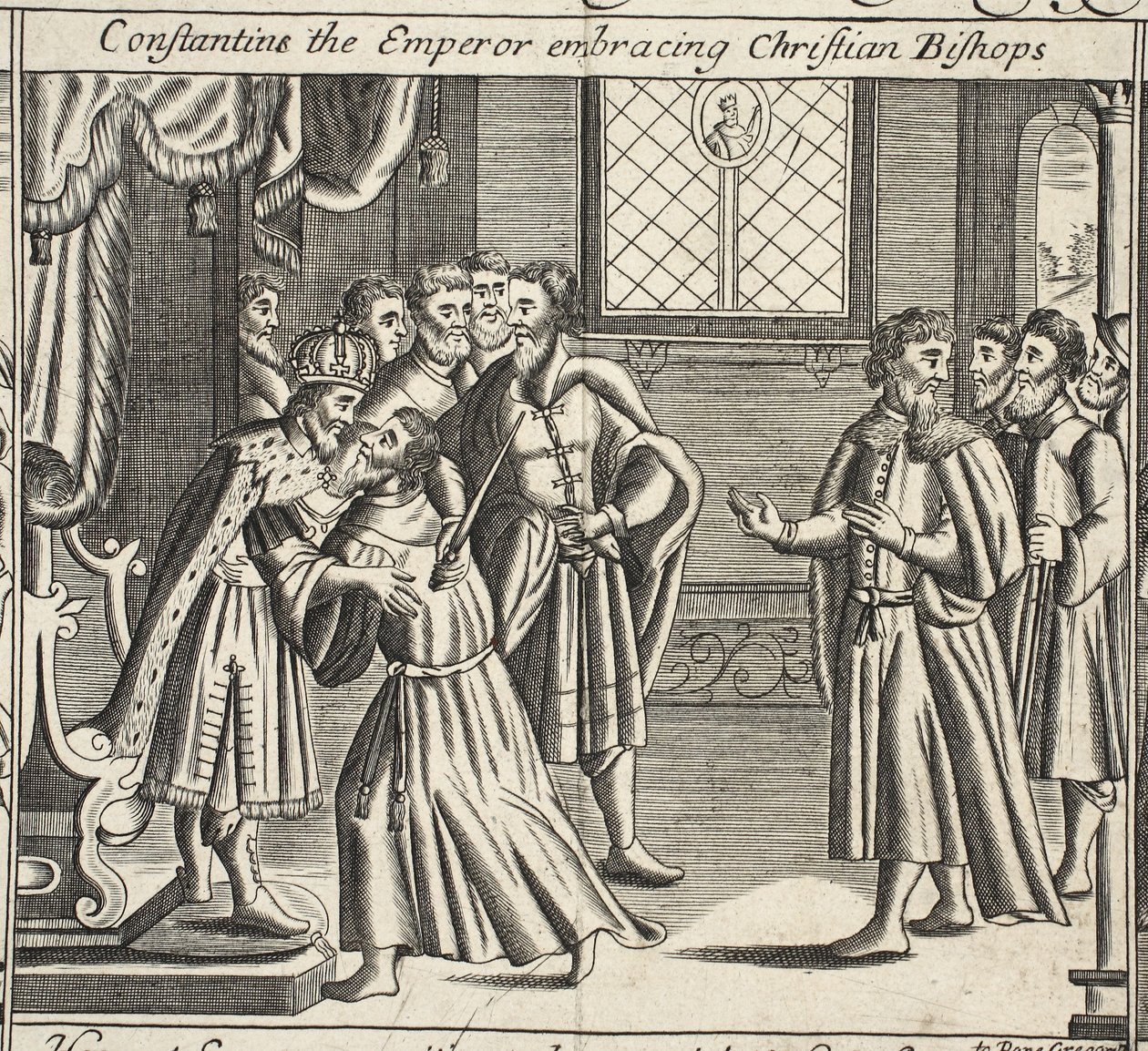 Constantijn de keizer omhelst christelijke bisschoppen, illustratie uit Handelingen en Monumenten van John Foxe, negende editie, uitgegeven 1684 door English School
