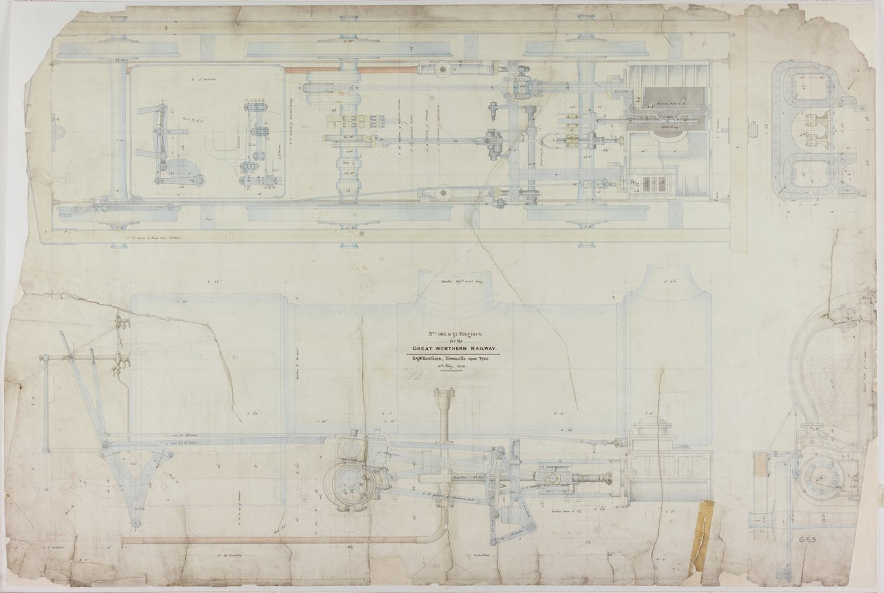 Constructietekening voor de 2-2-2 locomotief door R. & W. Hawthorn & Co. voor de Great Northern Railway Co. door English School