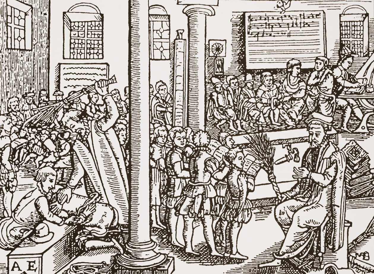 Hedendaagse houtsnede van een Tudor-grammatica school door English School