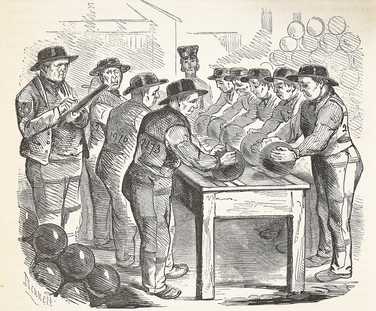 Gevangenen schrapen schot, illustratie uit The Criminal Prisons of London and Scenes from Prison Life door Henry Mayhew en John Binny, uitgegeven in 1862 door English School