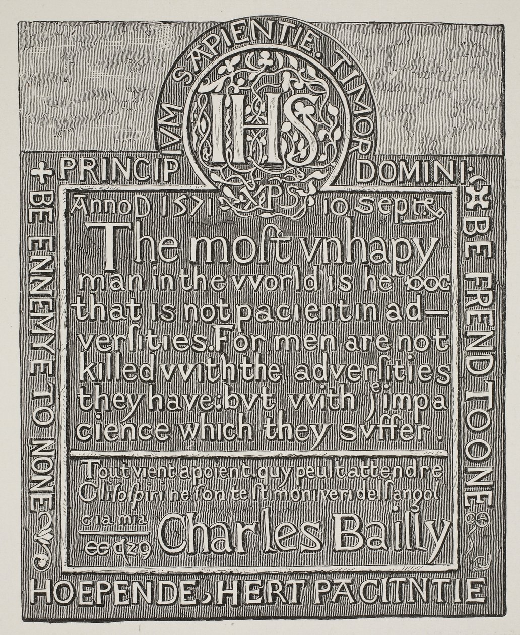 Kopie van een houtsnede door Charles Bailly, van de muur van de Beauchamp Tower, Tower of London, 1571 door English School