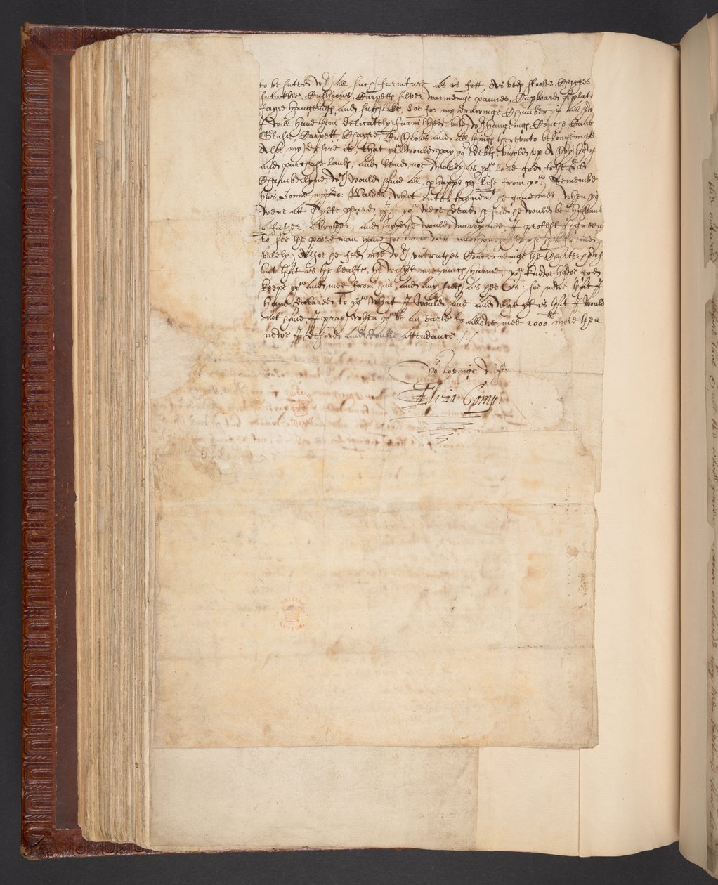Kopie van een brief van Lady Elizabeth Compton, later gravin van Northampton, aan haar man, Harley MS 7003, f.158v (pen en inkt op papier) door English School