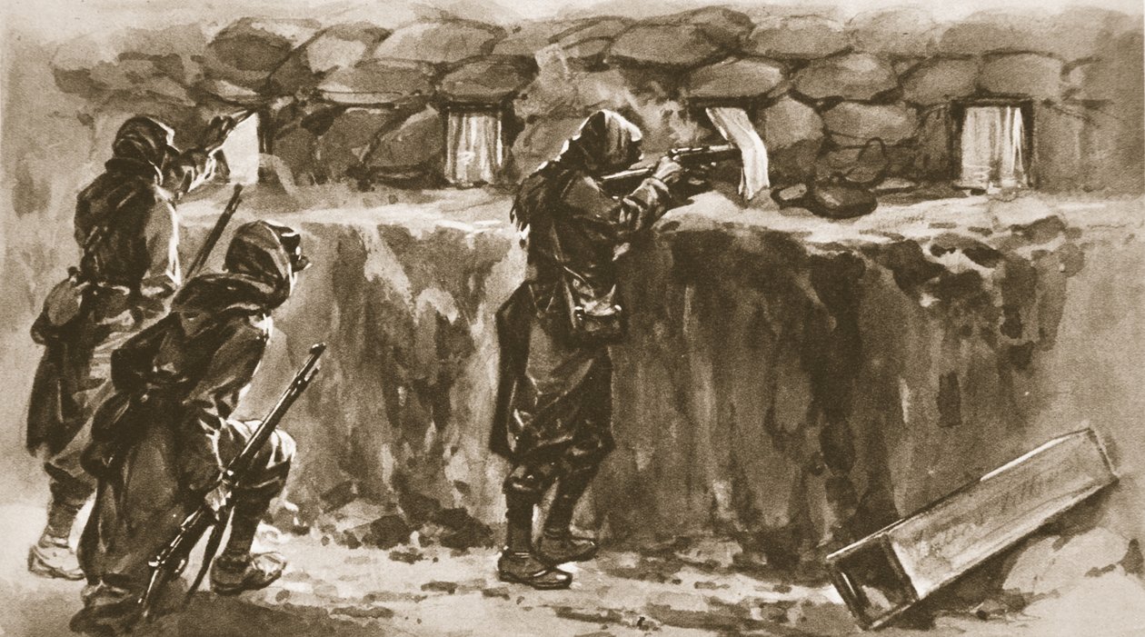 Cottage raamgordijnen als loopgaten schermen: een Franse oplossing om de vijandelijke scherpschutter te misleiden, uit The Illustrated War News, 1915 door English School