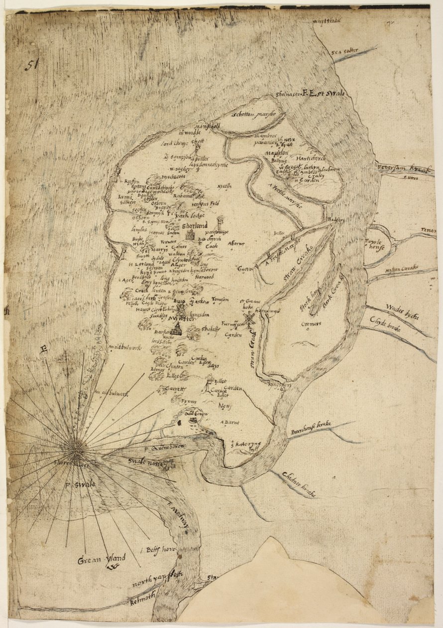 Kaart van Isle of Sheppey toegeschreven aan cartograaf Robert Lythe door English School