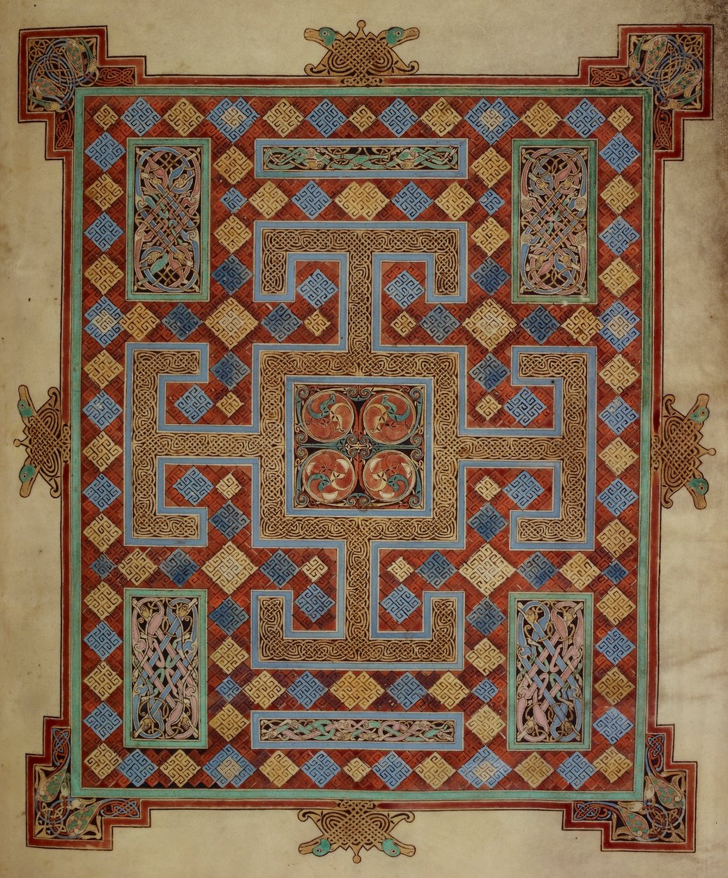 Cotton Nero D. IV, f.138v Tapijtpagina die het evangelie van St. Lucas inleidt, uit de Lindisfarne-evangeliën, 710-21 (perkament) door English School