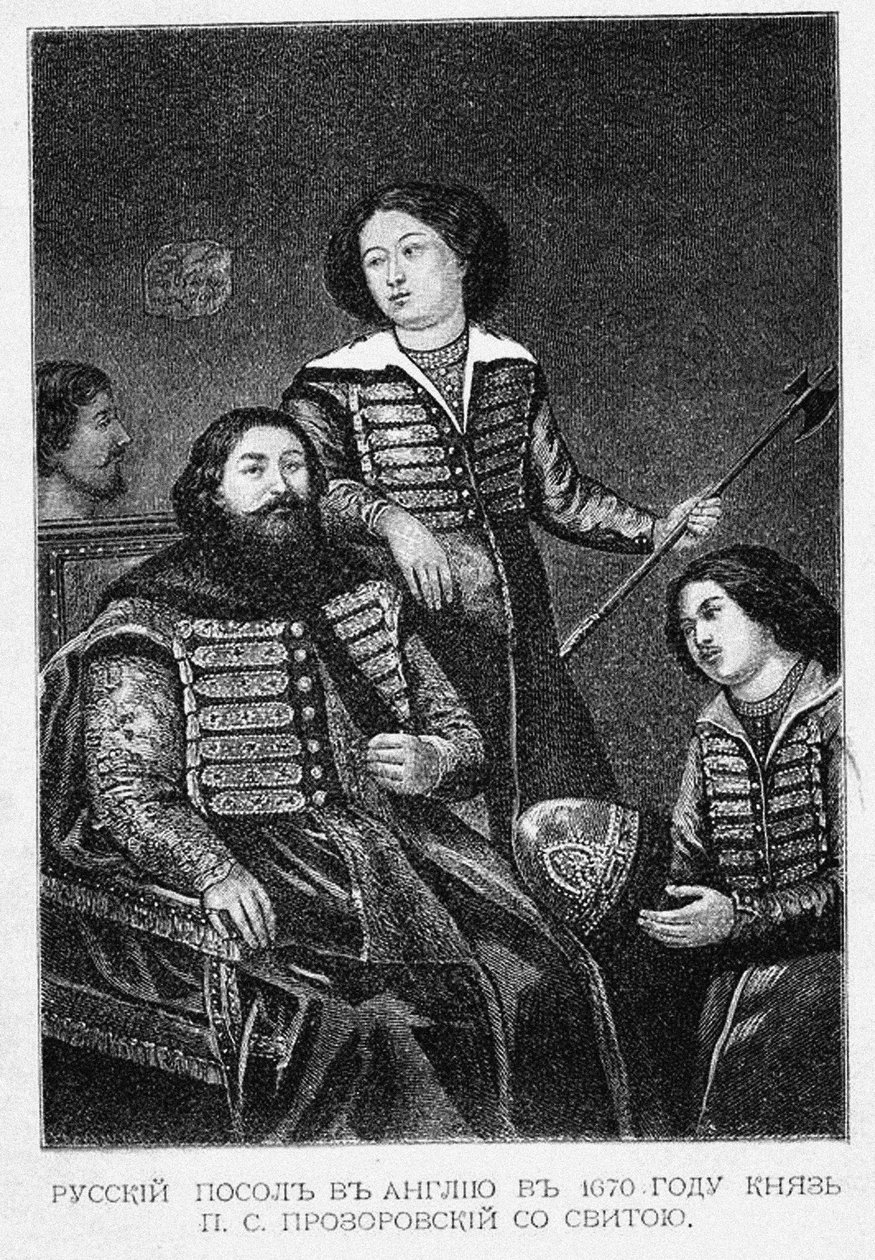 Graaf Pyotr Semyonovich Prozorovsky met zijn ambassade in Engeland in 1670 door English School