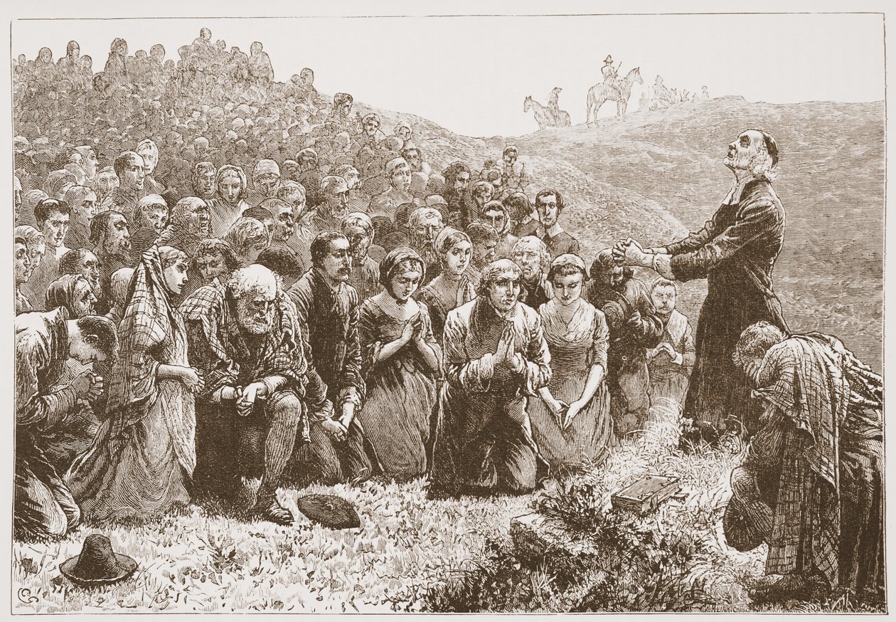 Covenanters die aanbidden aan de oevers van de Whitadder, illustratie uit De Geschiedenis van het Protestantisme door James Aitken Wylie, 1878 door English School