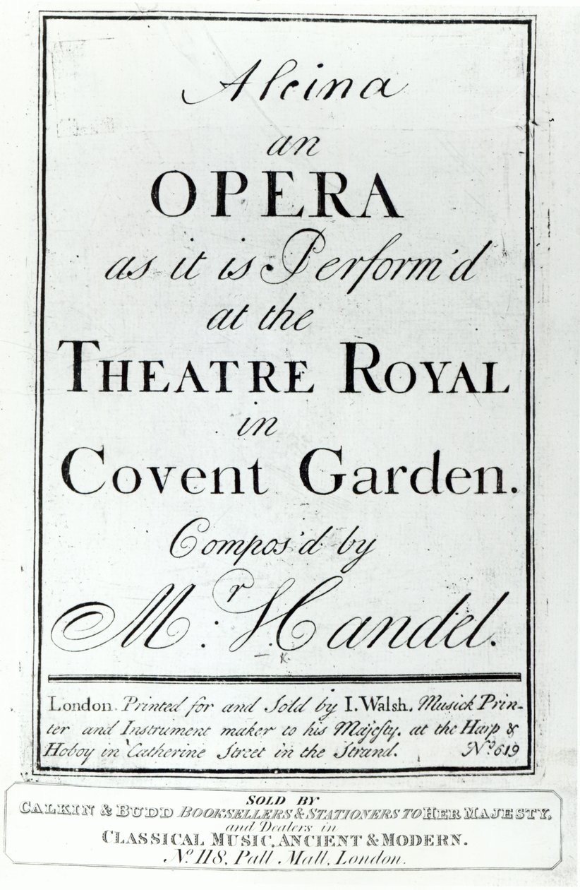 Omslag van bladmuziek voor Alcina, een opera door Handel, gepubliceerd in 1735 door English School