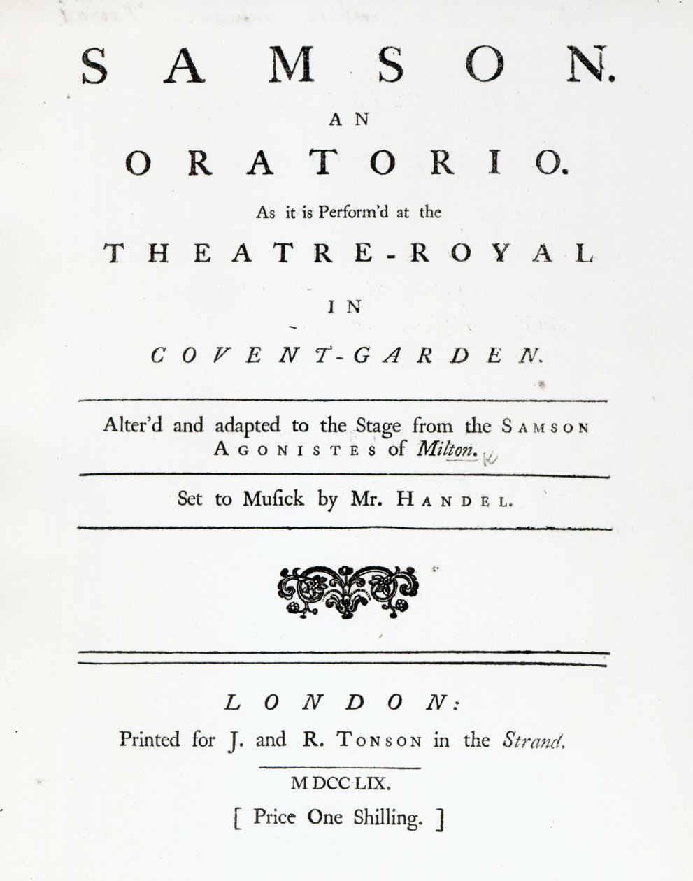 Omslag van bladmuziek voor Samson, een oratorium door Handel, gepubliceerd in 1759 door English School