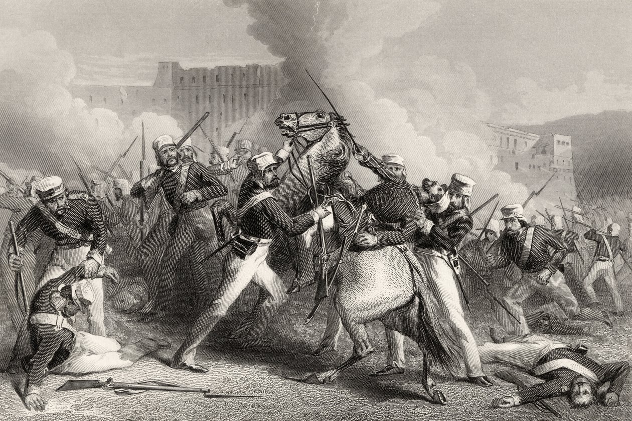 Dood van brigadegeneraal Adrian Hope bij de aanval op het fort van Roodmow, 15 april 1858, uit 