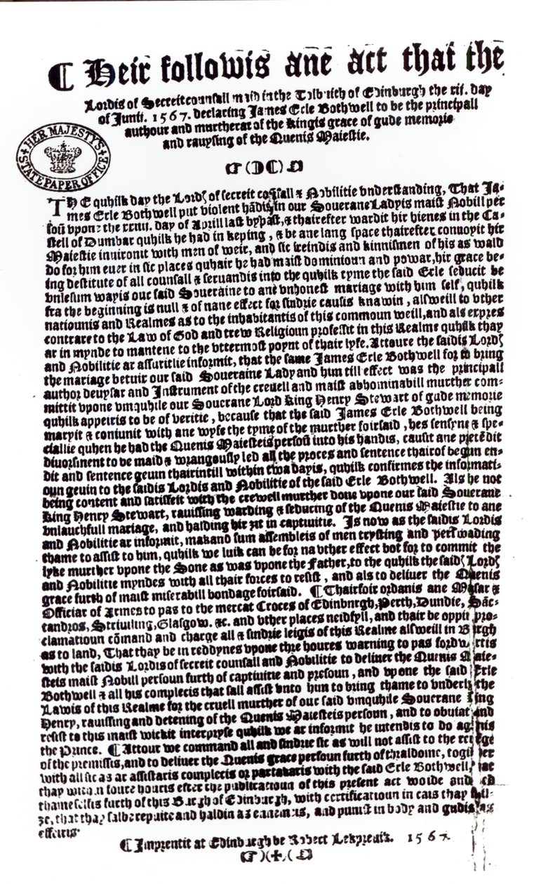 Verklaring door heren die de graaf van Bothwell als de moordenaar van Lord Darnley aanwijzen, 1567 door English School