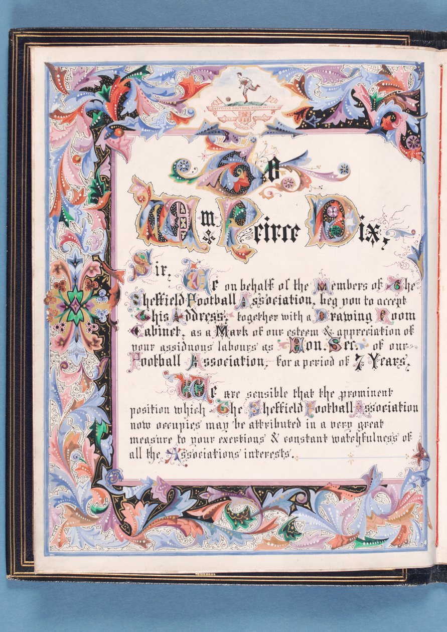 Toewijding van een toespraak gepresenteerd door de Sheffield Voetbalbond aan William Pierce-Dix bij zijn pensionering als Secretaris, 1882 (inkt op papier) door English School