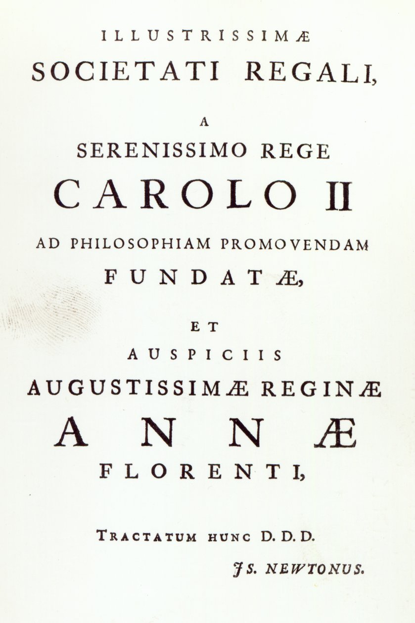Opdracht aan de Royal Society van de tweede editie van Newtons Philosophiae Naturalis Principia Mathematica, 1713 door English School